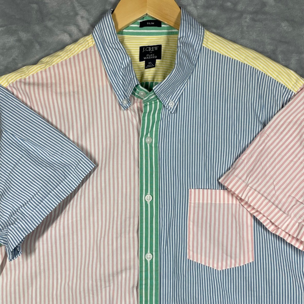 J.Crew Flex Washed Slim Fit Colorblock Striped Short Sleeve Shirt Mens XL Multi